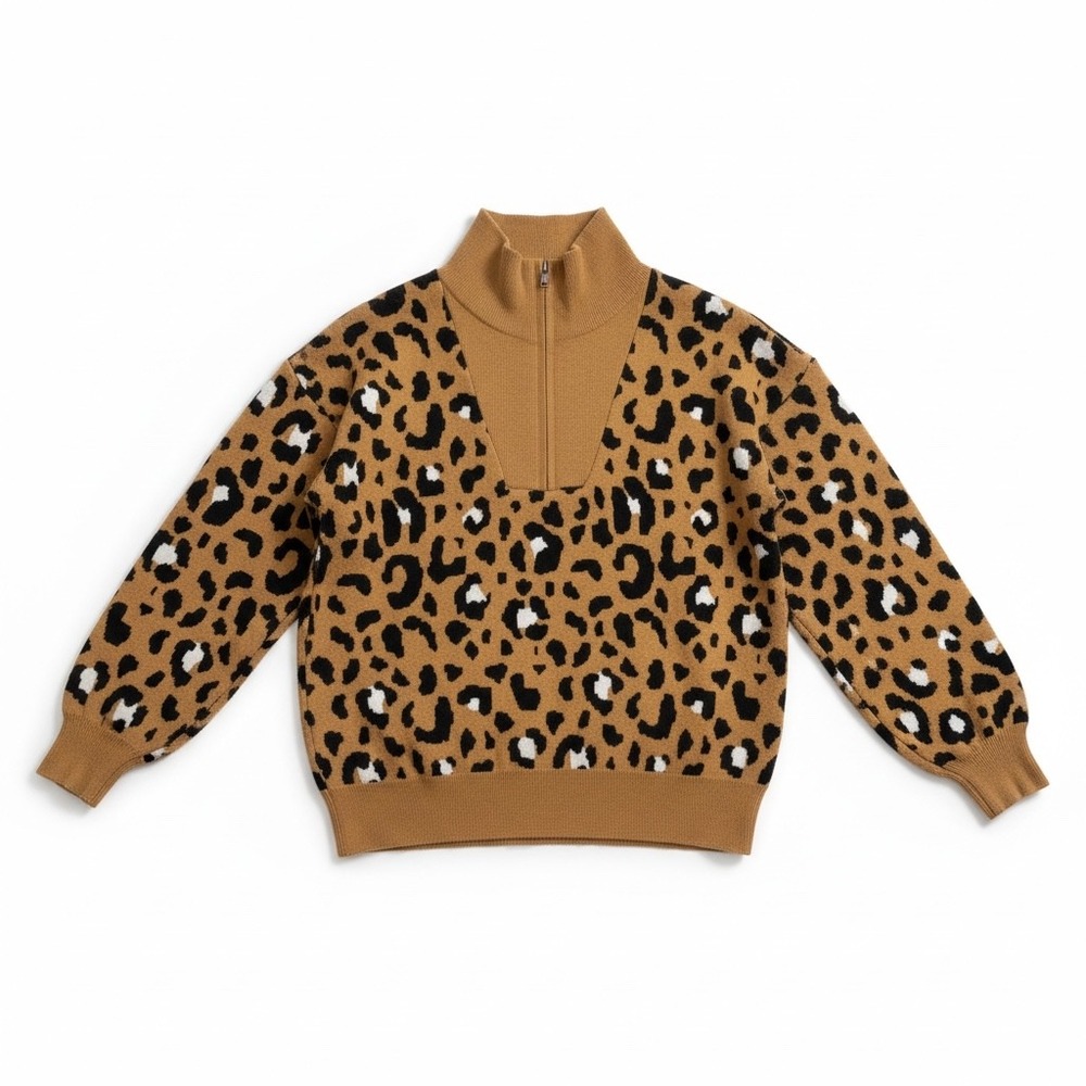 Nine West Leopard Print Quarter Zip Mock Neck‎ Sweater Tan Black Large